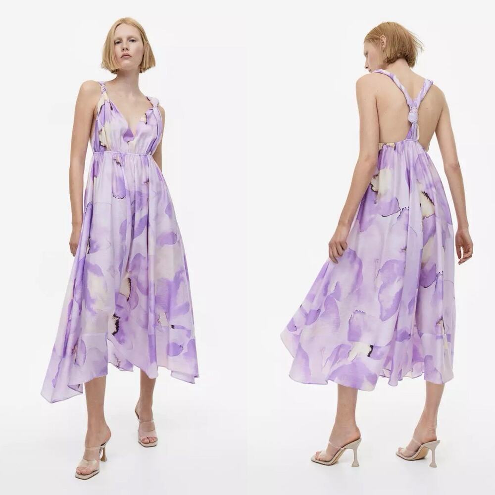 H&M Midi Dress‎ M Womens Purple Watercolor Resortwear Romantic Feminine Vacation